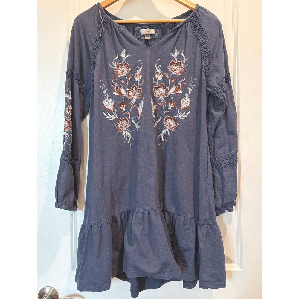 Cupio Womens Blue Embroidered Cotton Boho Mini Dress Crochet Lace Trim Large